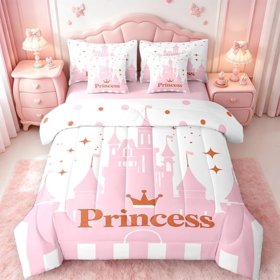 Manfei Pink Princess Castle Twin Bedding Sets 7-Piece,Stars Crown Pattern Bedding Comforter Set,Glitter Print Sheet Sets For Girls Teens,Ultra Soft Home Decor,Reversible