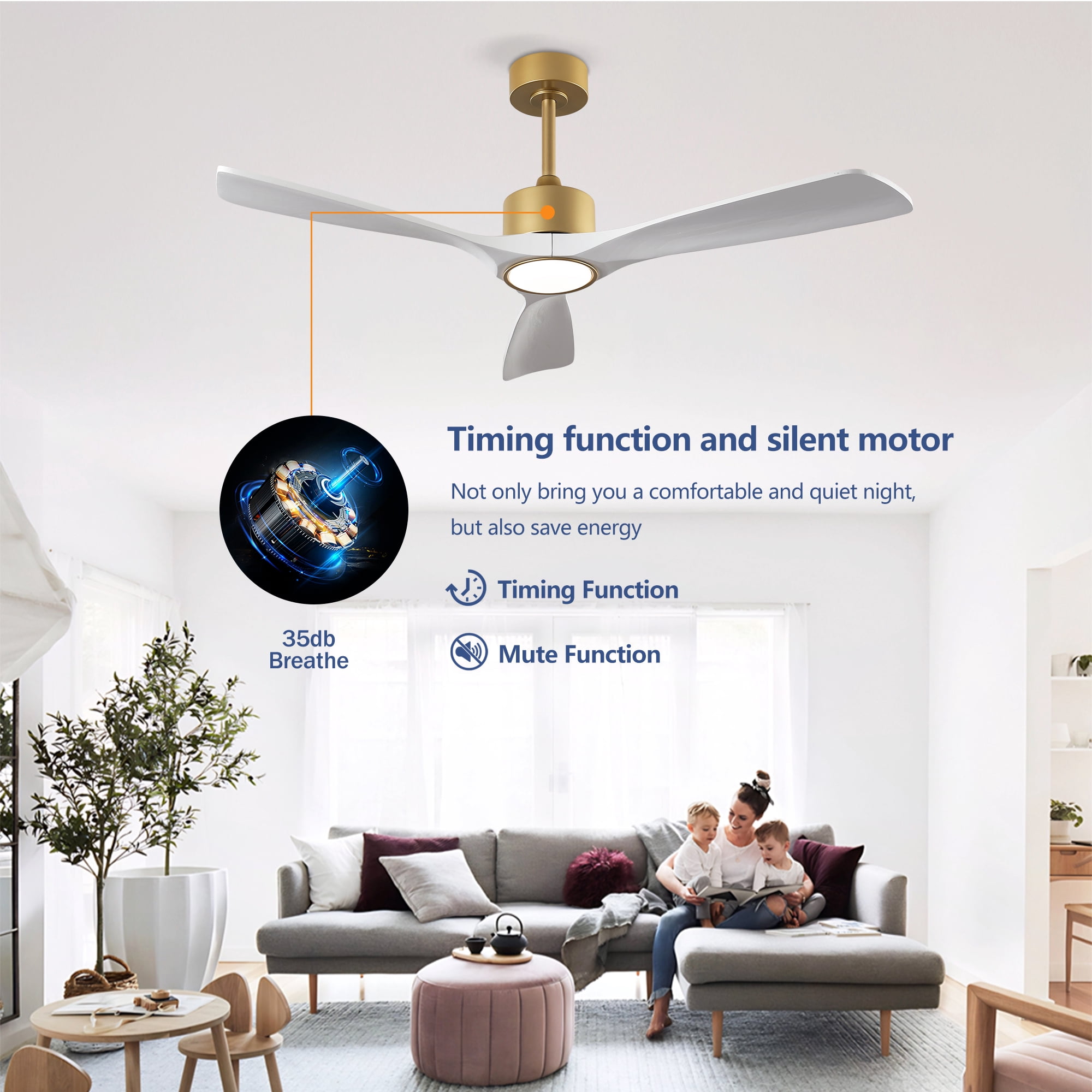 Ceiling Fan with Light, 52 Inch Solid Wood Blade Fan for Living Room Bedroom Home Decor, Gold White Walnut