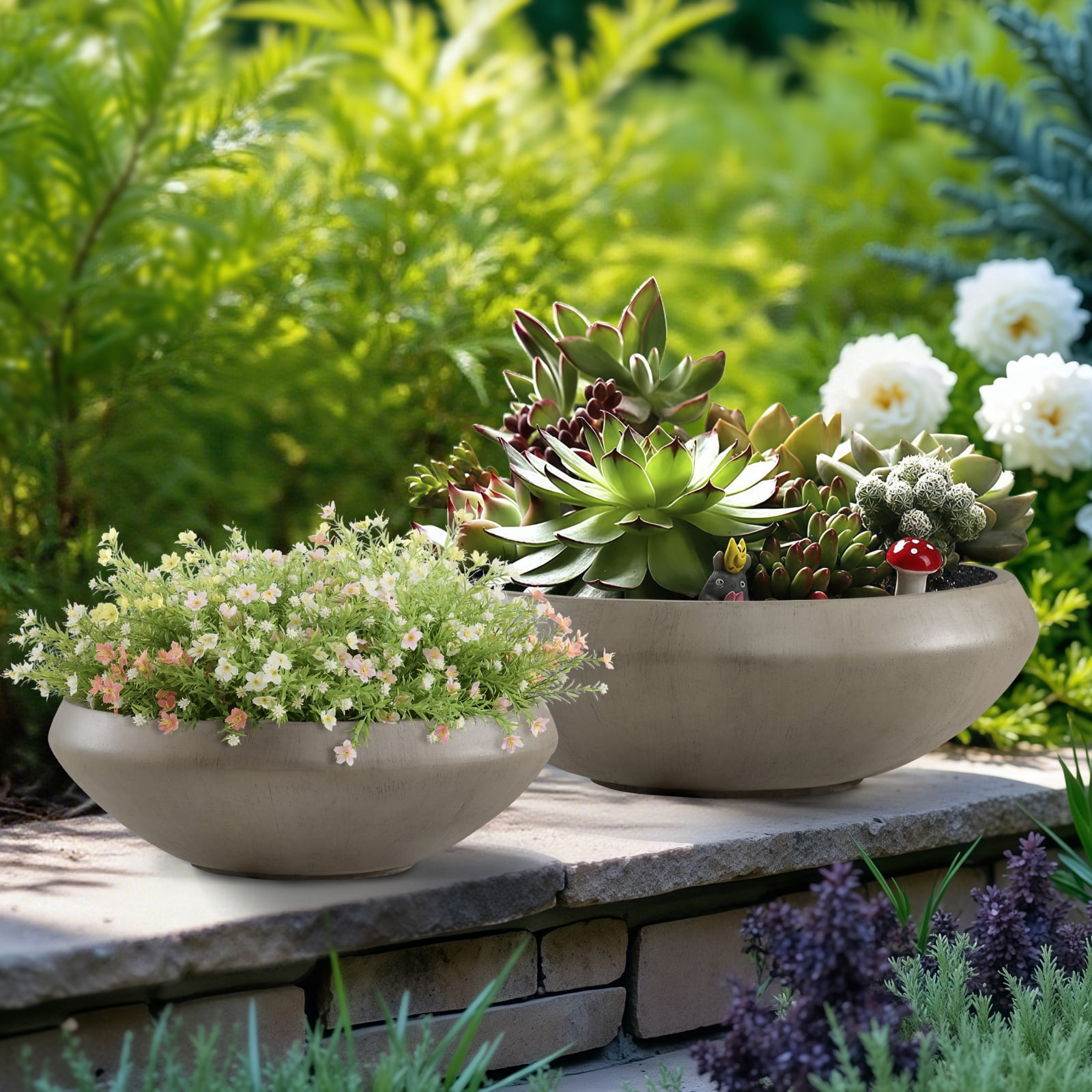 Concrete Bowl Planter, 23.2 Inch Dia x 8 Inch Height, Succulent Pot with Drain Hole, 21-inch Opening Flowerpot for Herbs, Bonsai, and Shallow-root Plants, Large, Natural Color