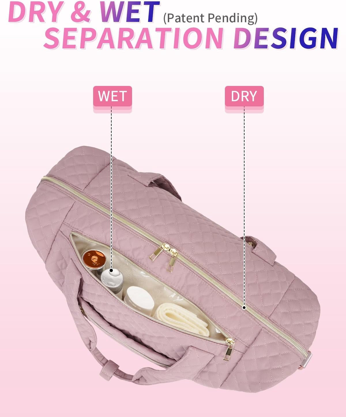 WANDF Travel Duffel Bags with Shoe Bag,Airline Approved Personal Item Bag for Women with Wet Pocket,Trolley Sleeve,Quilted Overnight Weekender Bag for Camping Gym Beach(Pink Bag)