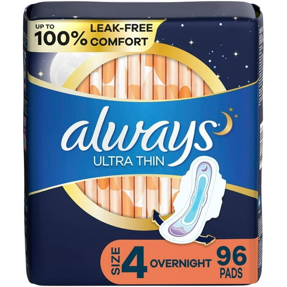 Always Ultra Thin Overnight Pads with Wings, Size 4, Overnight, 96 Count