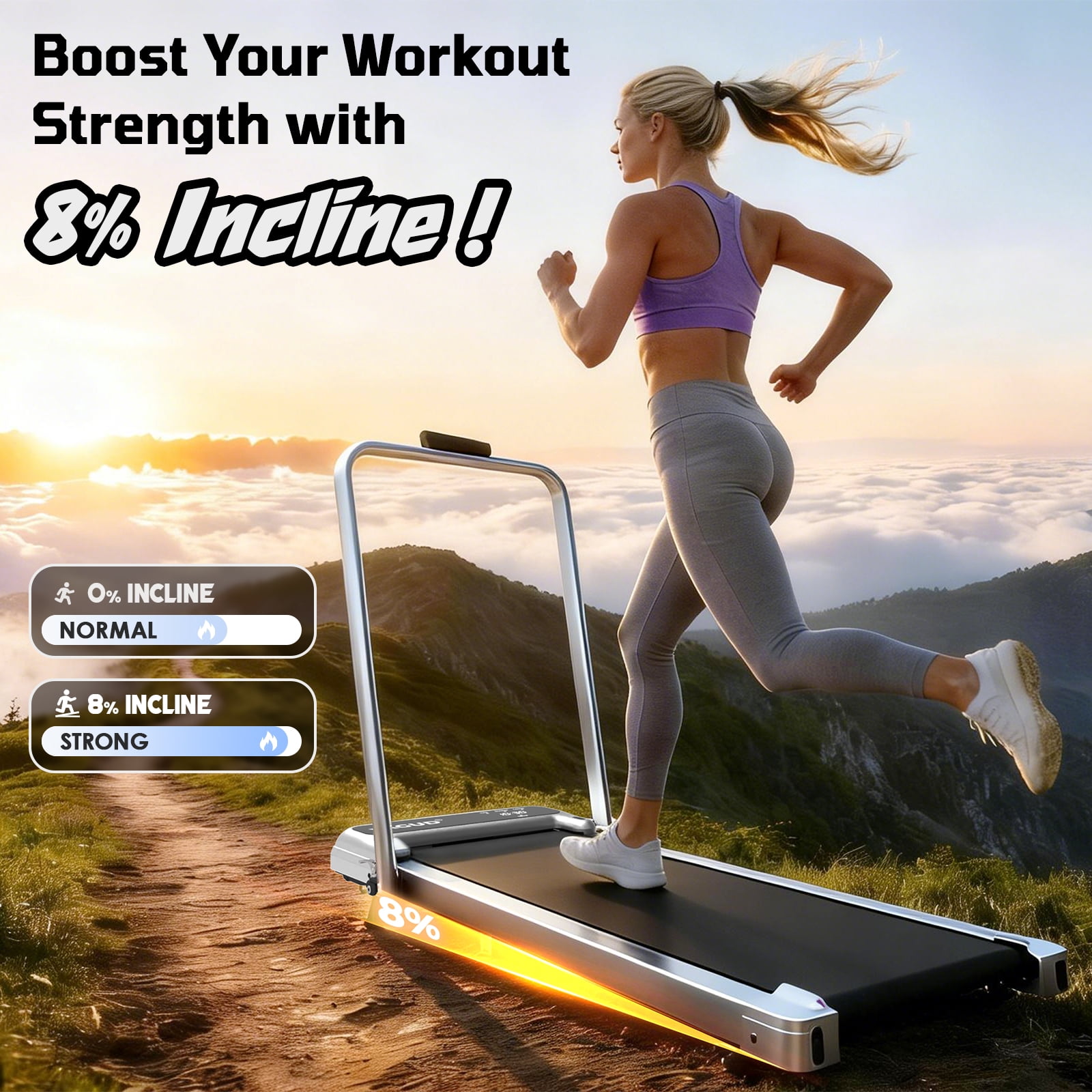 Yagud Walking Pad Treadmill with Handle Bar and Adjustable Incline, 3.8HP Portable Electric Treadmills with Wheels for Home, Home Treadmills with Incline, 0.5-3.8MPH, Silver
