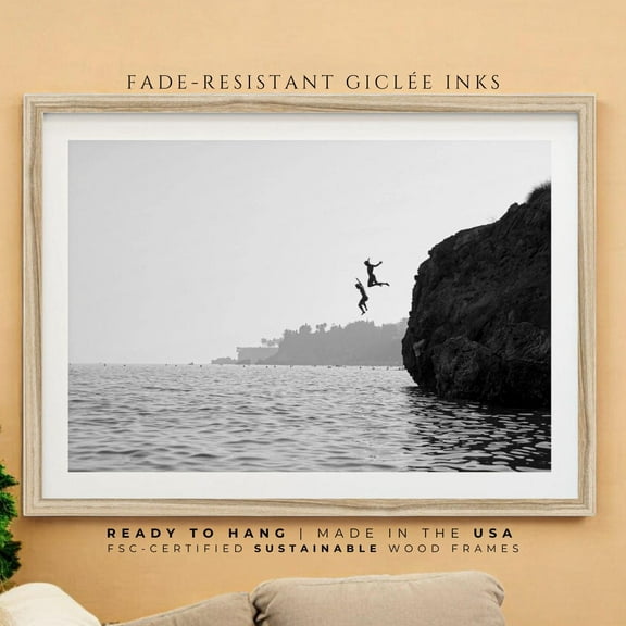 Fine Art Photography Print Black And White Print, Coastal Wall Decor, Italy Beach Photography, Cliff Jumpers Ocean Print Wall Art, Modern Wall Decor, 8x12 UNFRAMED