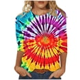 thumbnail image 2 of VBTAPA 3/4 Length Sleeve Womens Tops Tie Dye Print Crewneck T-shirt Trendy Casual Graphic Tees Loose Fit Mid-length Summer Blouse Multicolor L, 2 of 5