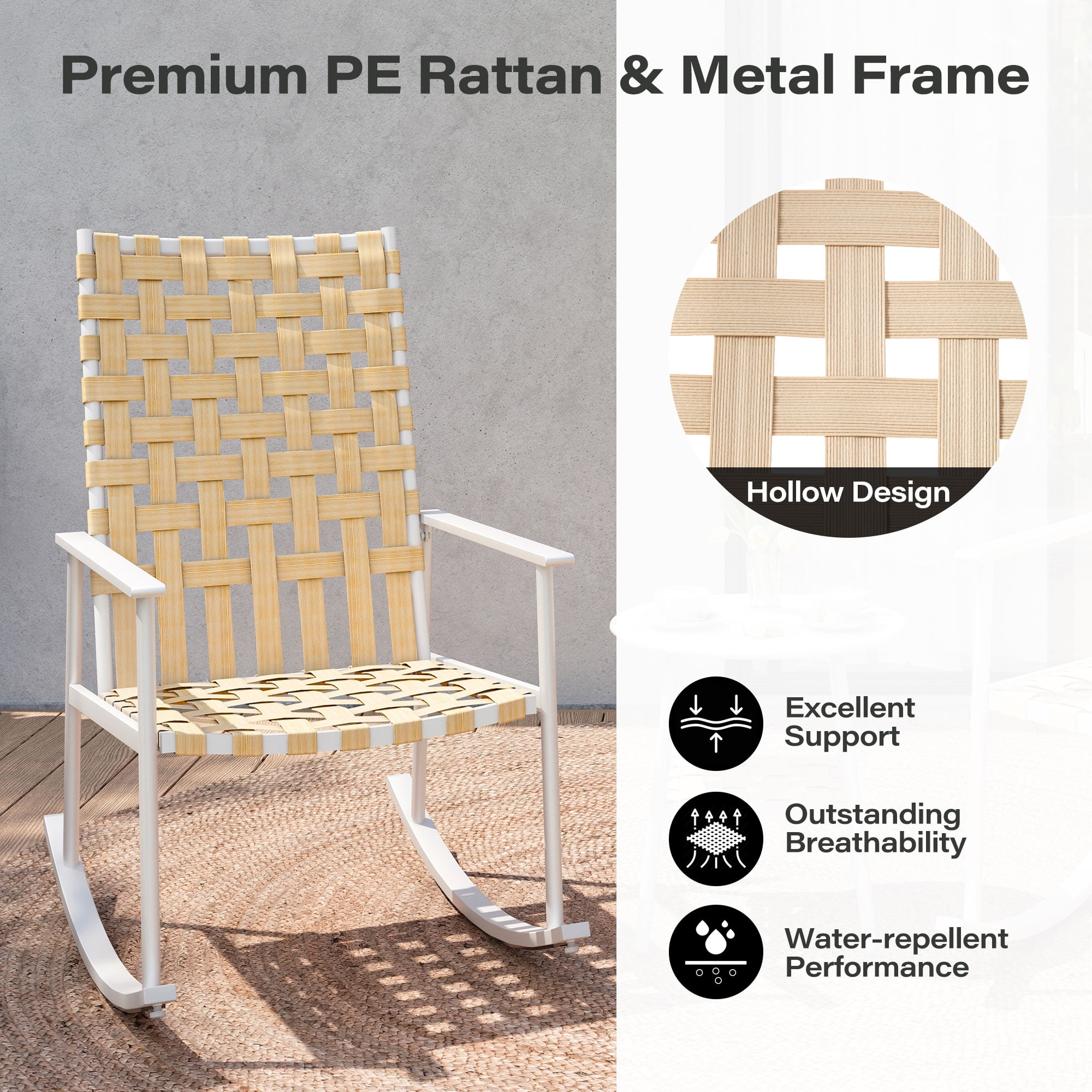 LAUSAINT HOME 3-Piece Outdoor Patio Furniture Set, 2 Wicker Rocking Chairs with Side Table, Beige