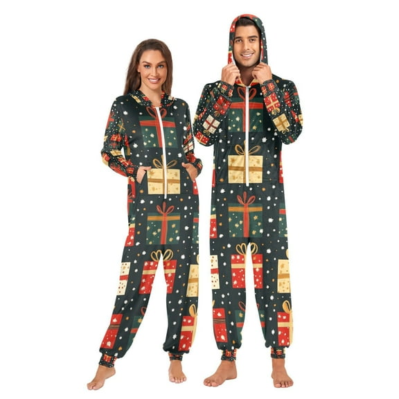 Christmas Gifts Adult Onesie Pajamas Slim Fit Christmas One Piece Suit Pjs for Women and Men Hooded Zipper