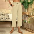 thumbnail image 1 of CHGBMOK Linen Capri Pants for Women Loose Drawstring Belt Casual Wide Leg Pants With Pockets, 1 of 6