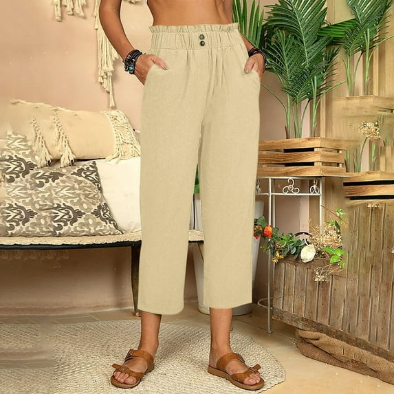 CHGBMOK Linen Capri Pants for Women Loose Drawstring Belt Casual Wide Leg Pants With Pockets