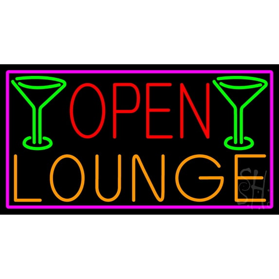 Open Lounge And Martini Glass With Pink Border LED Neon Sign 20 x 37 - inches, Clear Edge Cut Acrylic Backing, with Dimmer - Bright and Premium built indoor LED Neon Sign for Bar decor.