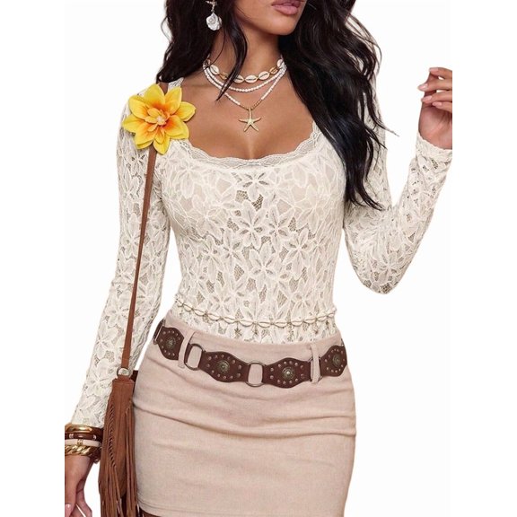 Women Square Neck Sheer Lace Long Sleeve High Cut Thong Bottom Slim Fit Stretch Layering Bodysuit Color XS