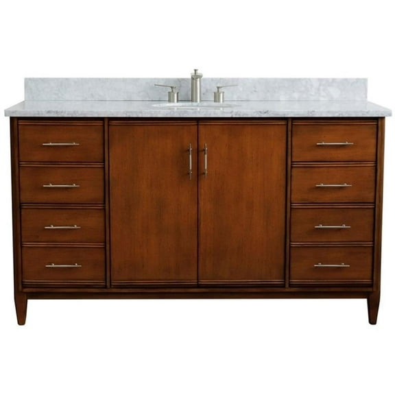 MCM 61" Single Oval Sink Solid Wood Vanity in Walnut/White Carrara