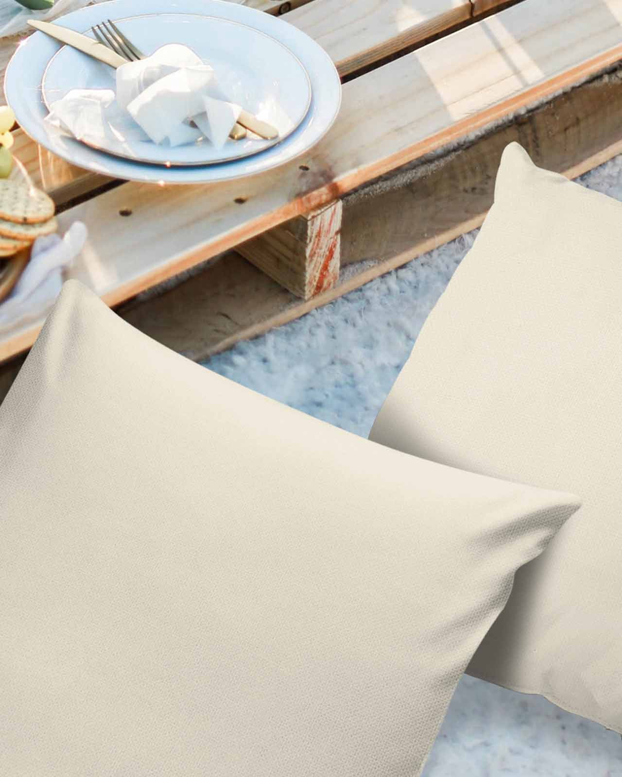 Pack of 2 Outdoor Pillow Covers, Cream Solid Color Waterproof Square Throw Pillowcase Cushion Decorative Pillow Covers for Couch Patio Tent, 18x18 in