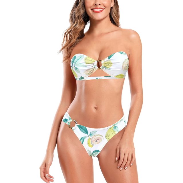 Trajes de baño Bandeau con Tirantes y Tirantes de Bikini con Abertura en el Frente y Anillo para Mujer Limón XL Limón XL Xishao ropa