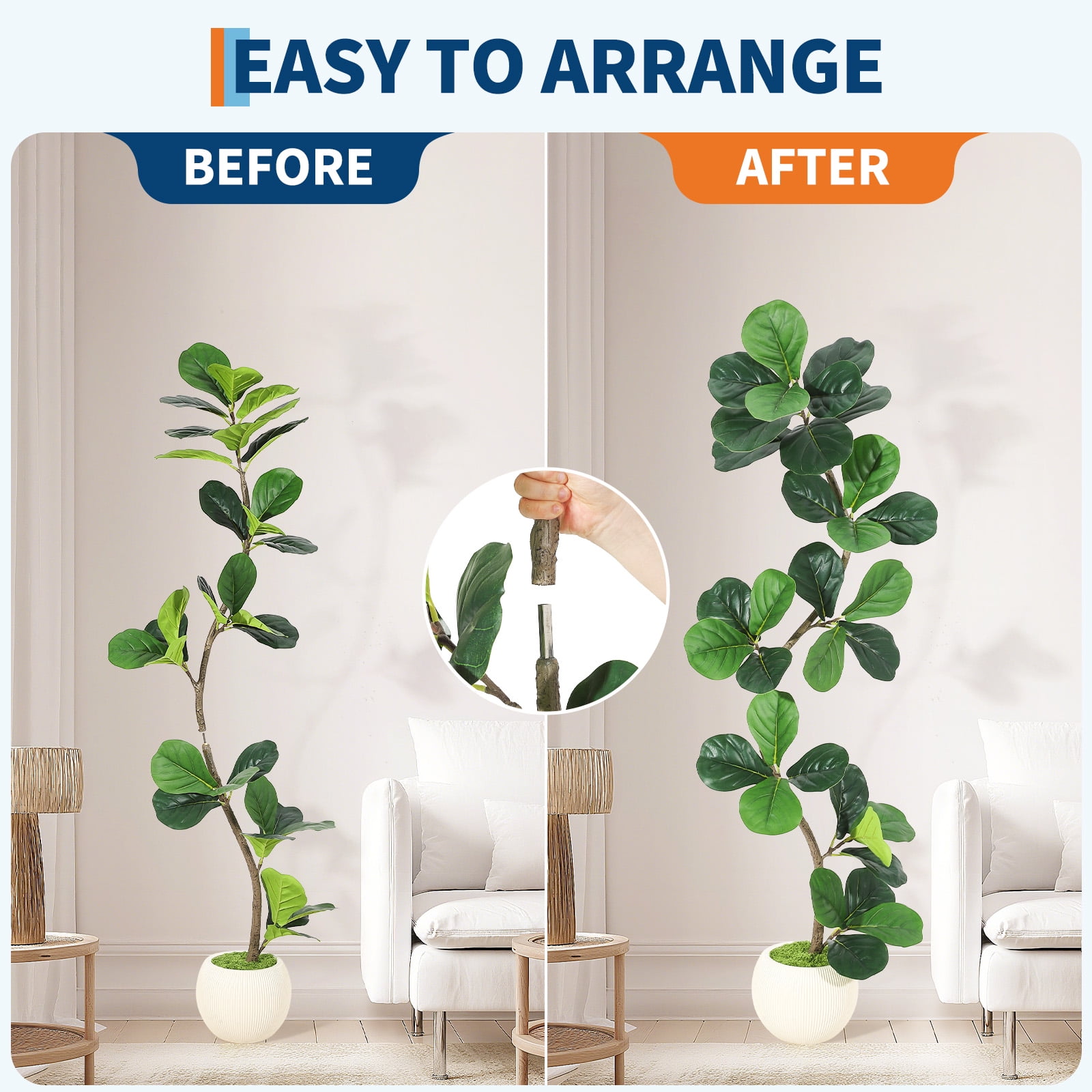 Lifelike Fiddle Leaf Fig Artificial Tree - 5ft/6ft/7ft Faux Floor Plant with Moss & White Planter, Realistic Rubber Fake Tree for Home Office Living Room Indoor Decor