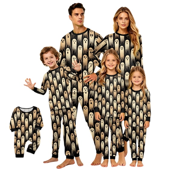 Halloween Pajamas, Halloween Matching Family Pajamas Beige Ghost Print Long Sleeve 2Pcs Pj Set Soft Sleepwear Nightwear Loungewear Holiday Party Costume Fun Festive Stylish Spooky Season for Family