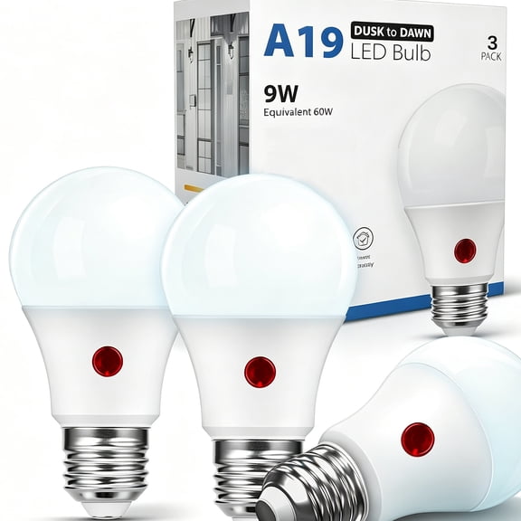 KINDEEP Dusk to Dawn LED Light Bulbs, Photocell Sensor Auto on/off, 9W 5000K Daylight White Outdoor Porch Light for Garage Hallway Home, 3‑Pack
