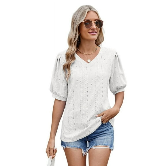 Womens Puff Short Sleeve Shirt Summer Tops V Neck Casual T Shirts Loose Fit Blouses White XL