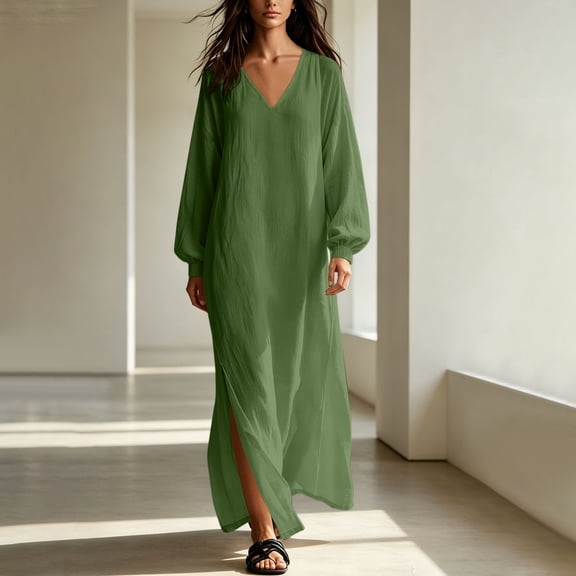 Guieoi Shift Dresses for Women 2026 Fall Long-Sleeve V-neck Cotton-Linen Split-Hem Dress Green S