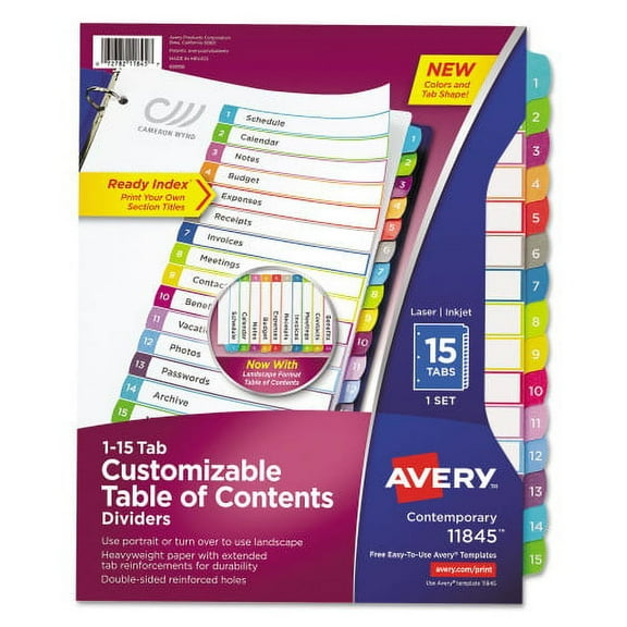 Avery Customizable TOC Ready Index Multicolor Tab Dividers, 15-Tab, 1 to 15, 11 x 8.5, White, Contemporary Color Tabs, 1 Set, Each