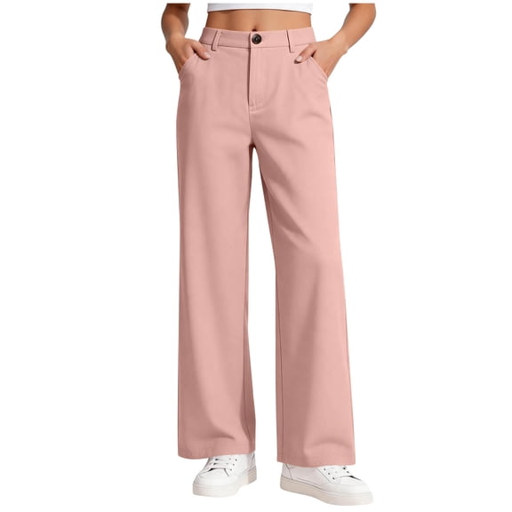 LEKWK Girls Dress Pants Teen Wide Leg Stretchy School Uniform Pants High Waisted Straight Leg Trousers with Pockets Fall Back to School Preppy Clothes 5-15Y