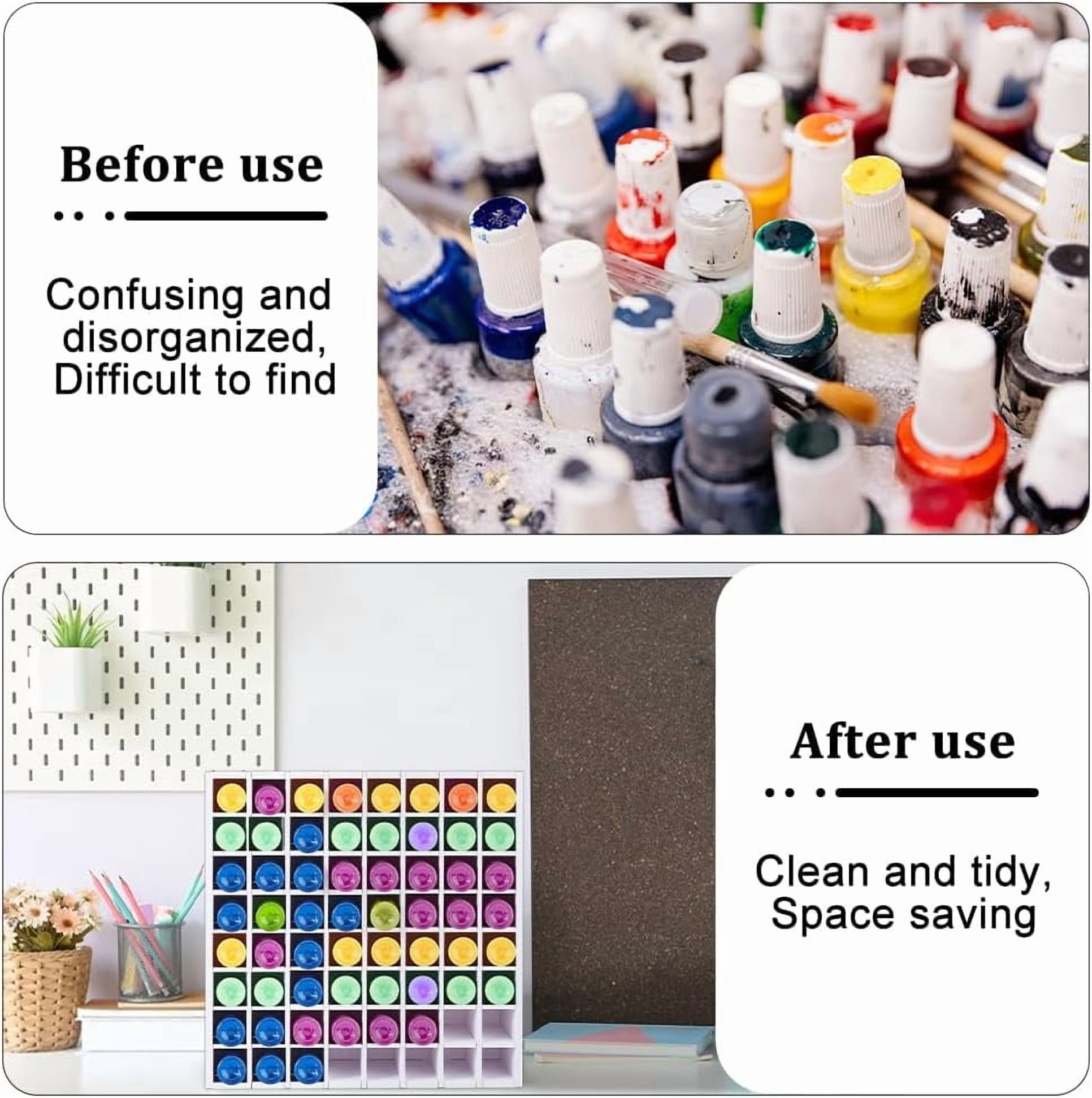 64 Grids White Paint Organizer 13×3.5×13 Inch Paints Storage Holder Plastic Vertical Paint Rack Stand Paints Bottle Organizer for Artists Craft Supply Storage Artwork Drawing Painting