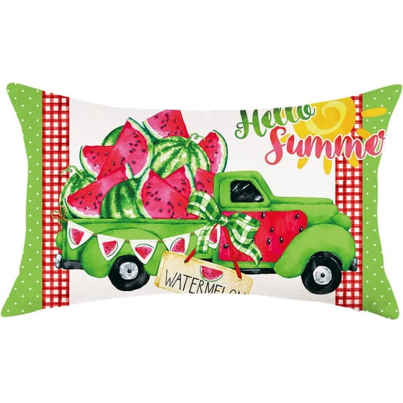 Hello Summer Throw Pillow Cover 12x20 Green Truck Watermelon Decortions Pillowcase Farmhouse Summer Patio Outdoor Cushion Cases for Sofa Couch Home