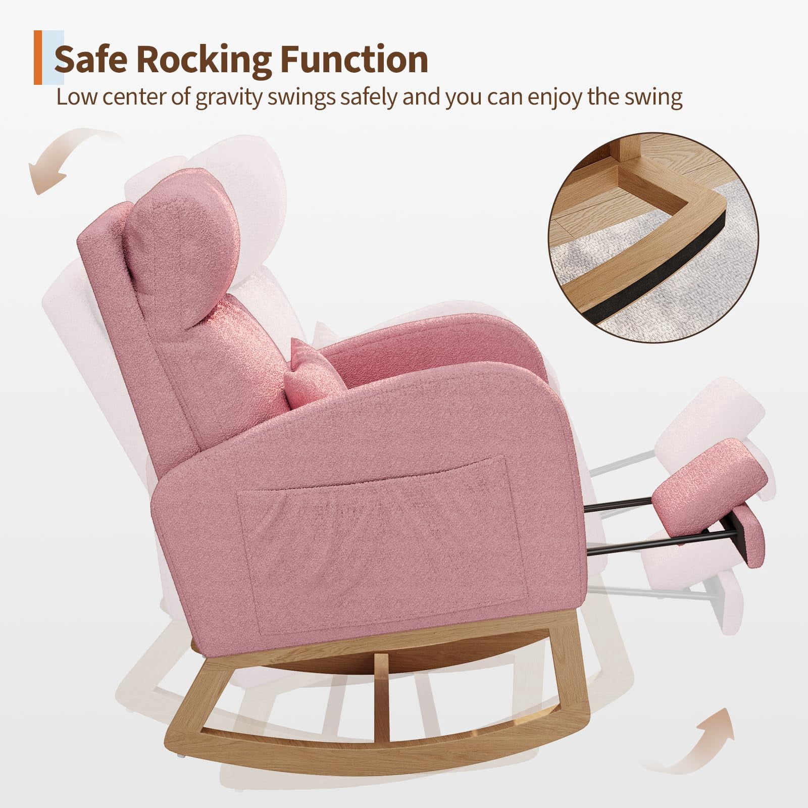 Garvee Modern Nursery Glider Chair Teddy Fleece Rocking Chair with Footrest with Side Pockets and Pillow, Rocker Chair for Living Room Bedroom and Home, Pink