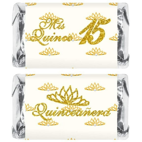 Mis Quince Miniature Candy Bar Wrapper, Quinceanera Mini Chocolate Bar Stickers for 15 Birthday Party, Table Top Event Decorations, (Set of 60) Candy Not Included (Gold)