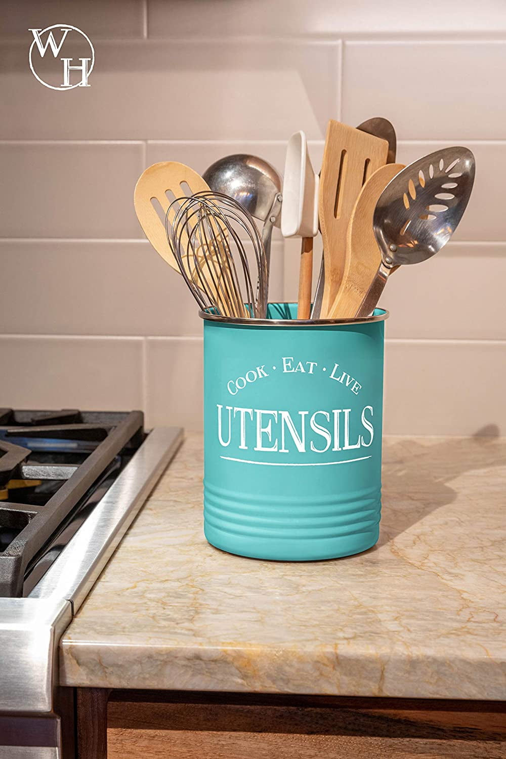 Walford Home Farmhouse Kitchen Utensil Holder Crock Teal Painted Steel With Premium Padded Base Walmart Com Walmart Com