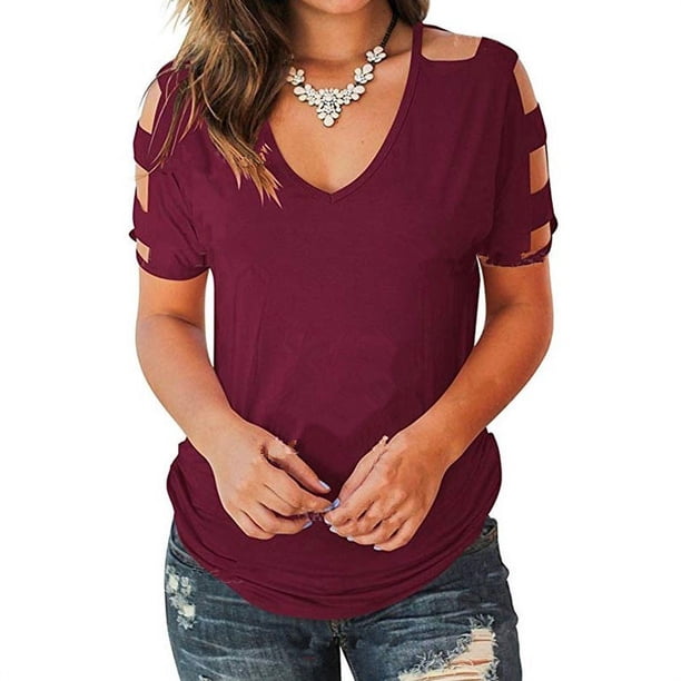 Camiseta Ormromra HMYH024-12 Manga Corta Hombros Descubiertos Cuello V Profundo