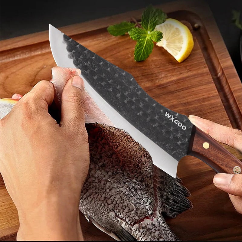 1PC/3PCS High Carbon Steel Boning Knife with Knife Sheath Wood Handle Handmade Forged Sharp Cutting Multipurpose Barbecue Meat Cleaver Utility Knife for Cooking