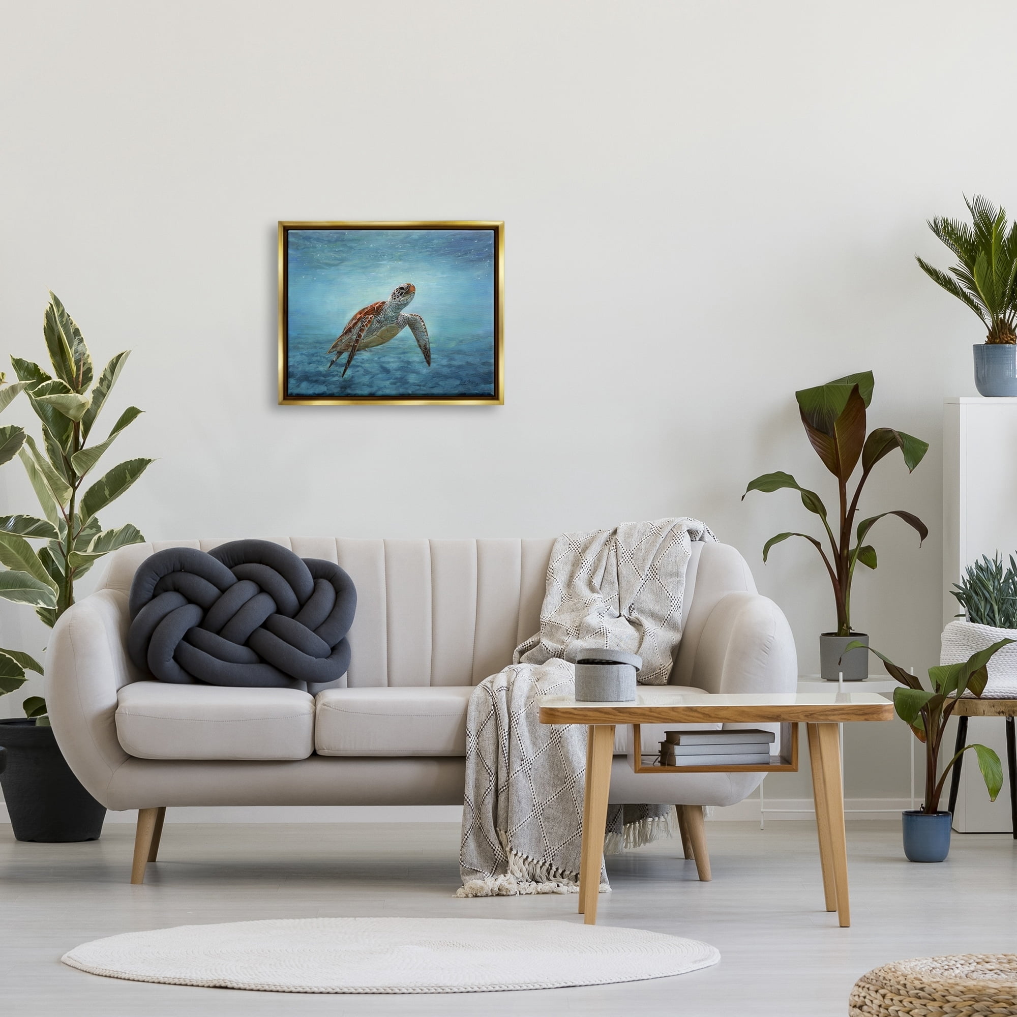 Stupell Industries Sea Turtle Underwater Marine Scene Deep Ocean Water Painting Metallic Gold Floating Framed Canvas Print Wall Art, Design by David Stribbling