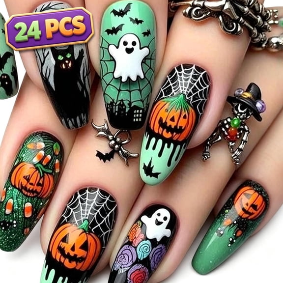 Halloween Press On Nails Acrylic Nails Medium Almond Fake Nails False Nails Artificial Nails Wearable Stick On Nail Tips,Pumpkin Ghost Bat Spider Web Spooky Reusable DIY Nails for Women 24PCS
