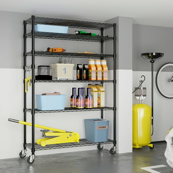 6-Tier Metal Storage Shelves with Wheels, Wire Utility Shelves with Side Hook, Weight Capacity 900Lbs, Heavy Duty Organizer Rack for Home, Kitchen, Office, Bathroom, Pantry Room, Black