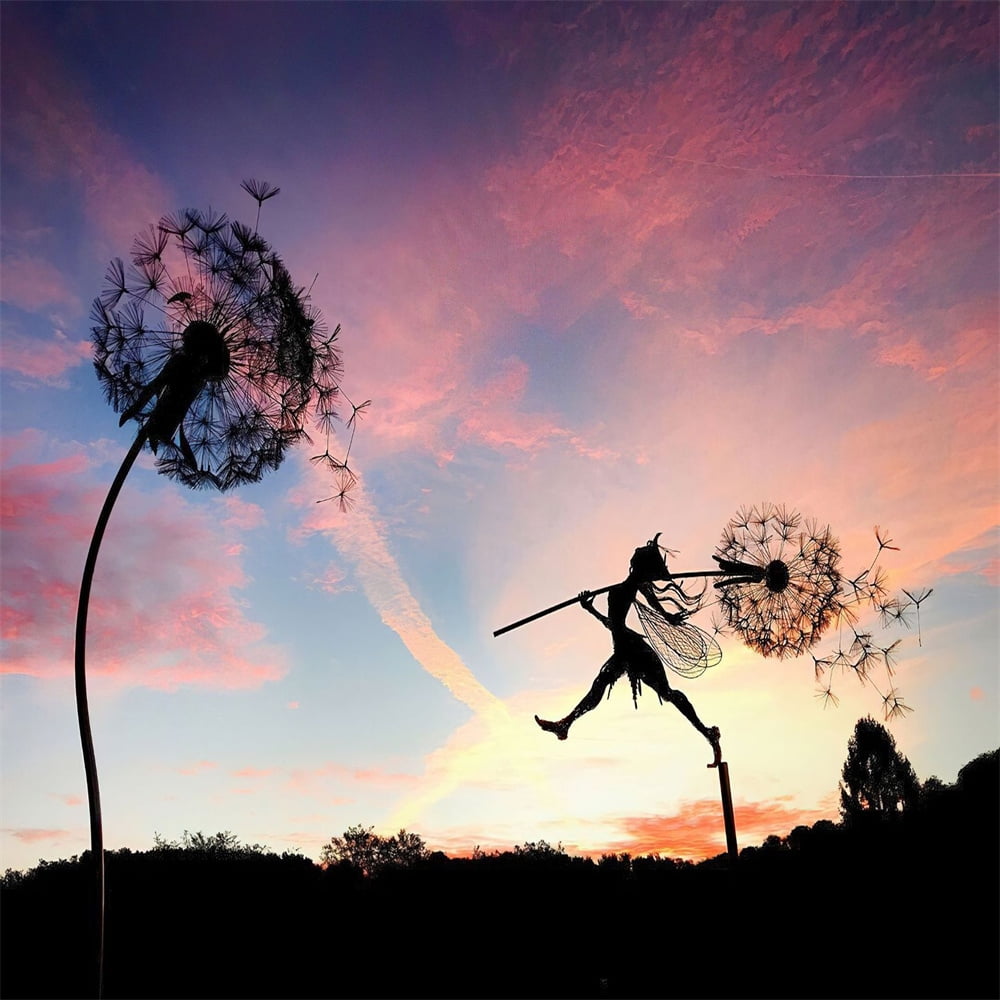 Dandelion Statue Flower Fairy Elf Dancing Garden Metal Craft Ornament