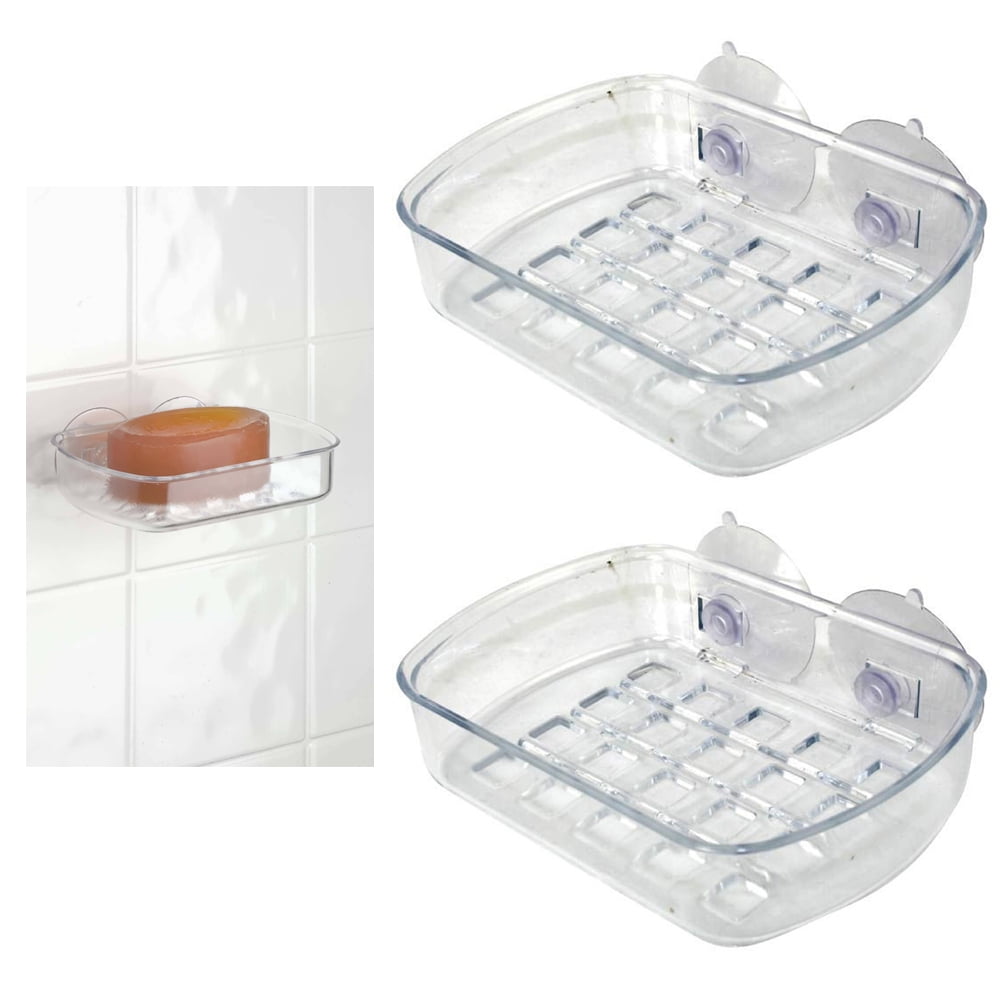 2-Pack Clear Soap Dish With Suction Cups - Bathroom Shower Wall Holder, Sponge Tray, Sink Caddy