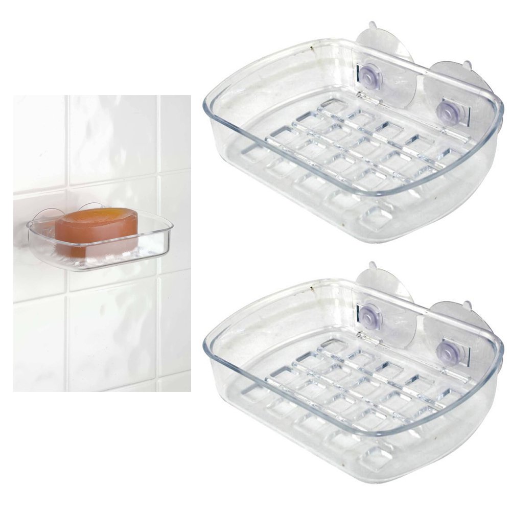 2 Soap Dish Suction Wall Holder Bathroom Shower Cup Sponge Basket Tray