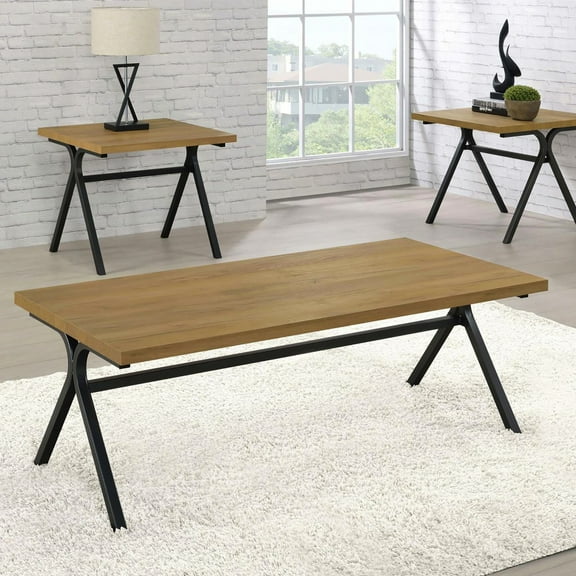 3 Coffee & End Table In Golden Oak And Gunmetal - Industrial Style Tables Metal Base