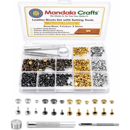 6mm 8mm Single Cap Assorted Metal Leather Rivets Kit for DIY | 180 Set, Setting Tools, for Beginners, Crafting, Plastic, Canvas, Denim, Fabric, Clothes, Shoes, Bags, Belts, Wallets, Purses