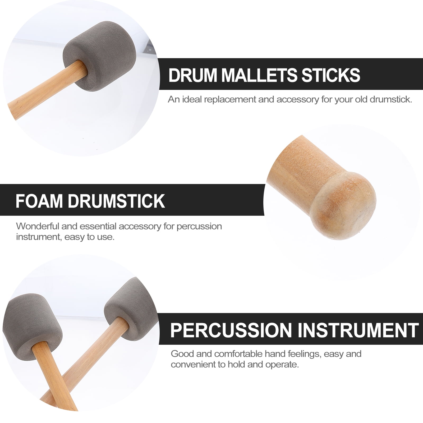 Baluue 4-Piece Percussion Drumsticks Set with Wooden Handles Grey Bass Drum Accessories for Drummers