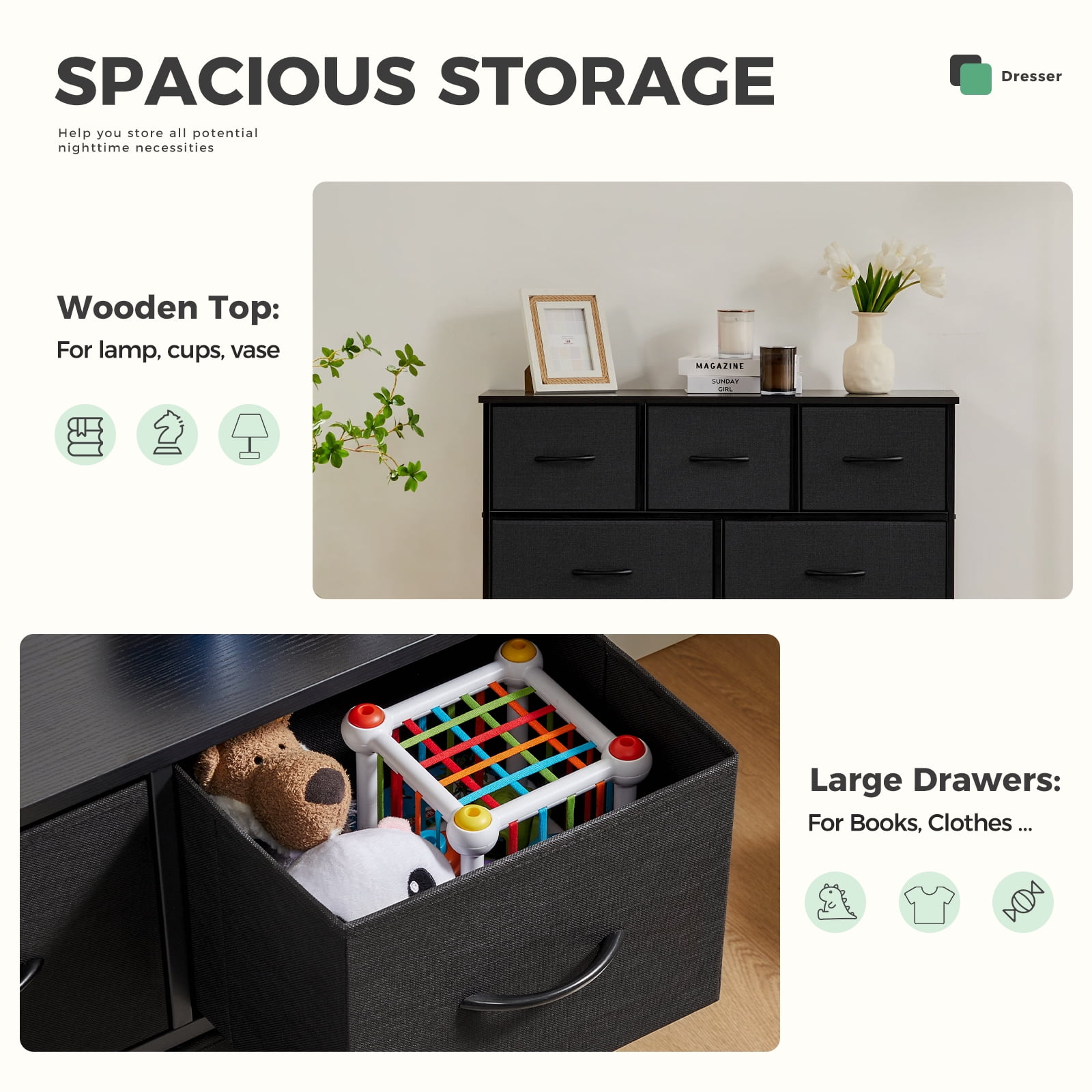 Aidoly 9-Drawer Dresser with Wooden Top, Adjustable Feet, Sturdy Metal Frame Dressers for Bedroom, Living Room, Black