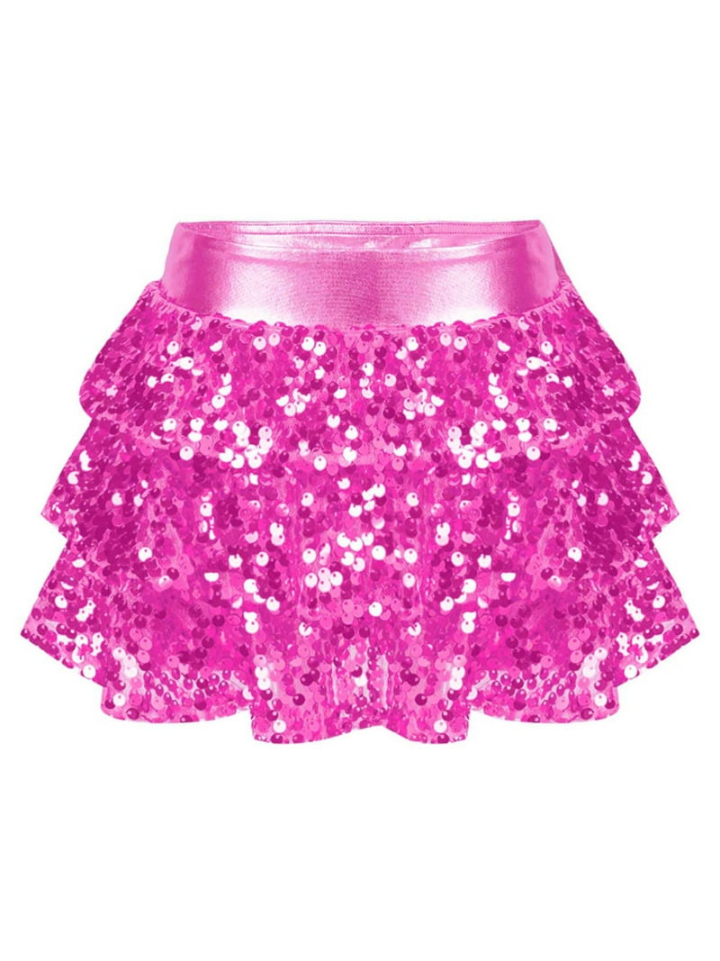DPOIS Girls Sequined 3-Layers Ruffle Tiered Mini Skirt for Dance
