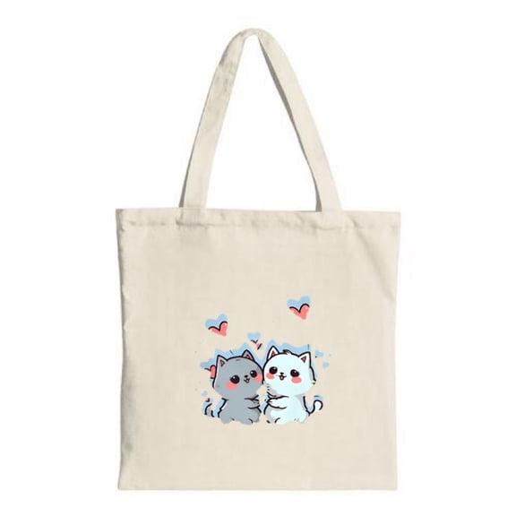 Cute Cartoon Cats Tote Bag - Gray & White Cats with Hearts Canvas Multifunctional Reusable Shopping Bag for Parties & Travel