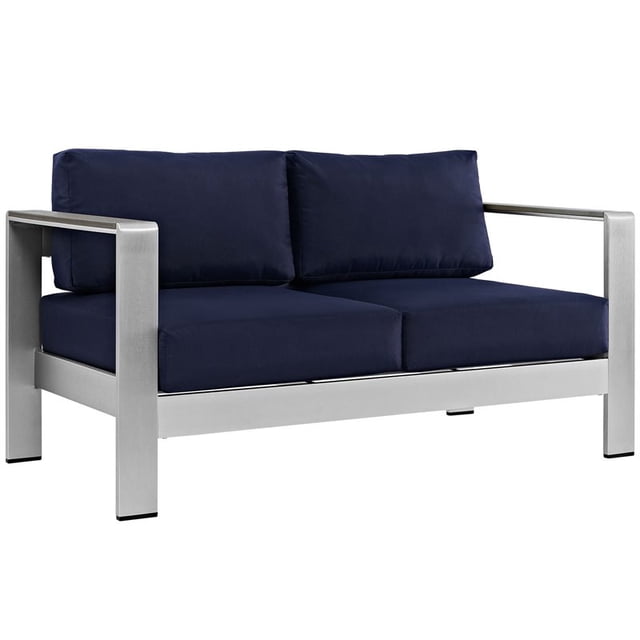 Modway Causeuse de Patio Extérieure en Tissu et Aluminium, Argent/bleu Marine