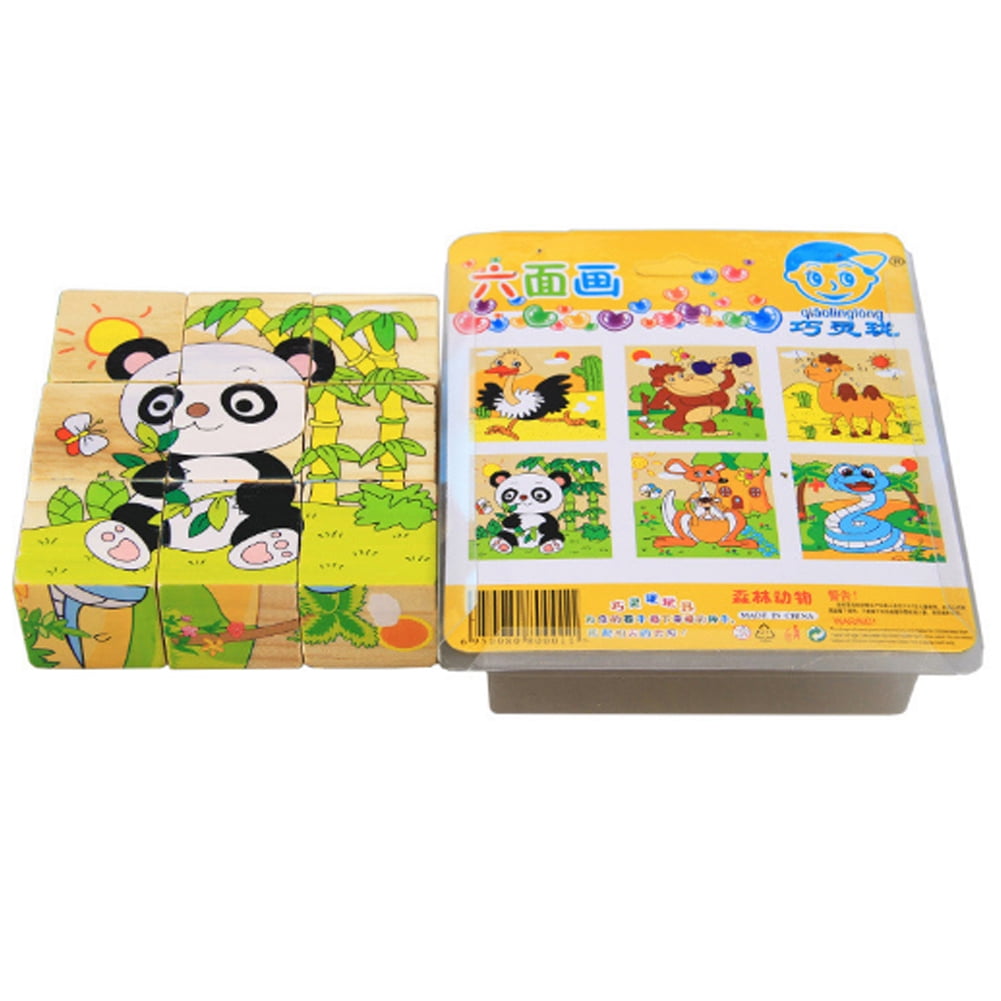 9pcs/set 3D Animal Wooden Puzzle Education Learning Toys Baby Six Sides Panda Pa