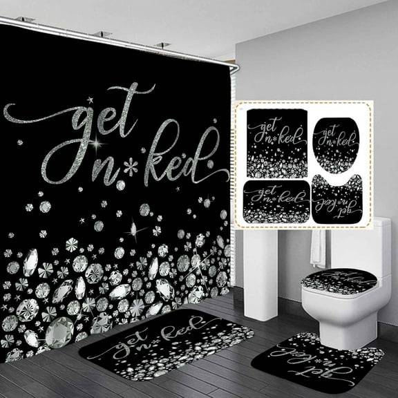 4PCS Silver Glitter Shower Curtain Set, Luxury Jewelry Bling Diamond Sparkle Rhinestone Modern Fashion Glam Bathroom Decor, Waterproof Fabric Black Shower Curtain, Non-Slip Bath Mat
