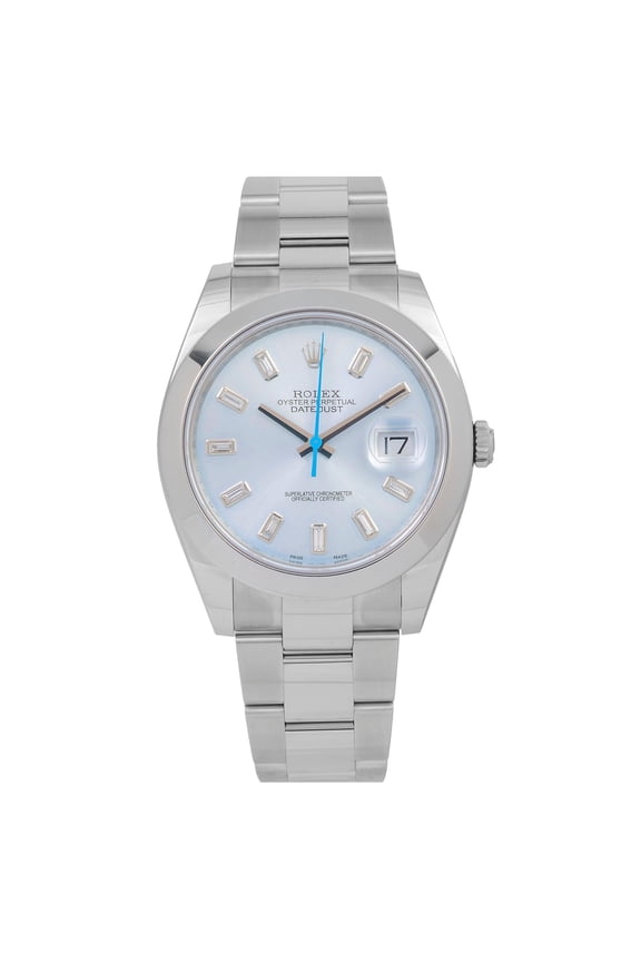 Pre-Owned Rolex Datejust 41MM 116300 Ice Blue Baguette Diamond Dial Smooth Bezel Stainless Steel Oyster Bracelet