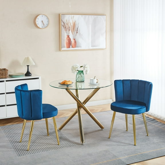 Mid-Century Modern 4-6 Seater Dining Set: Glass Top Table with Gold Metal Legs & Blue Velvet Chairs for Kitchen/Dining Room