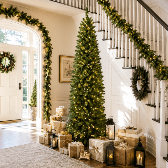 DRNEWI 6ft Prelit Artificial Slim Pencil Christmas Tree with 230 Warm White Lights, Full Branch 660 Tips