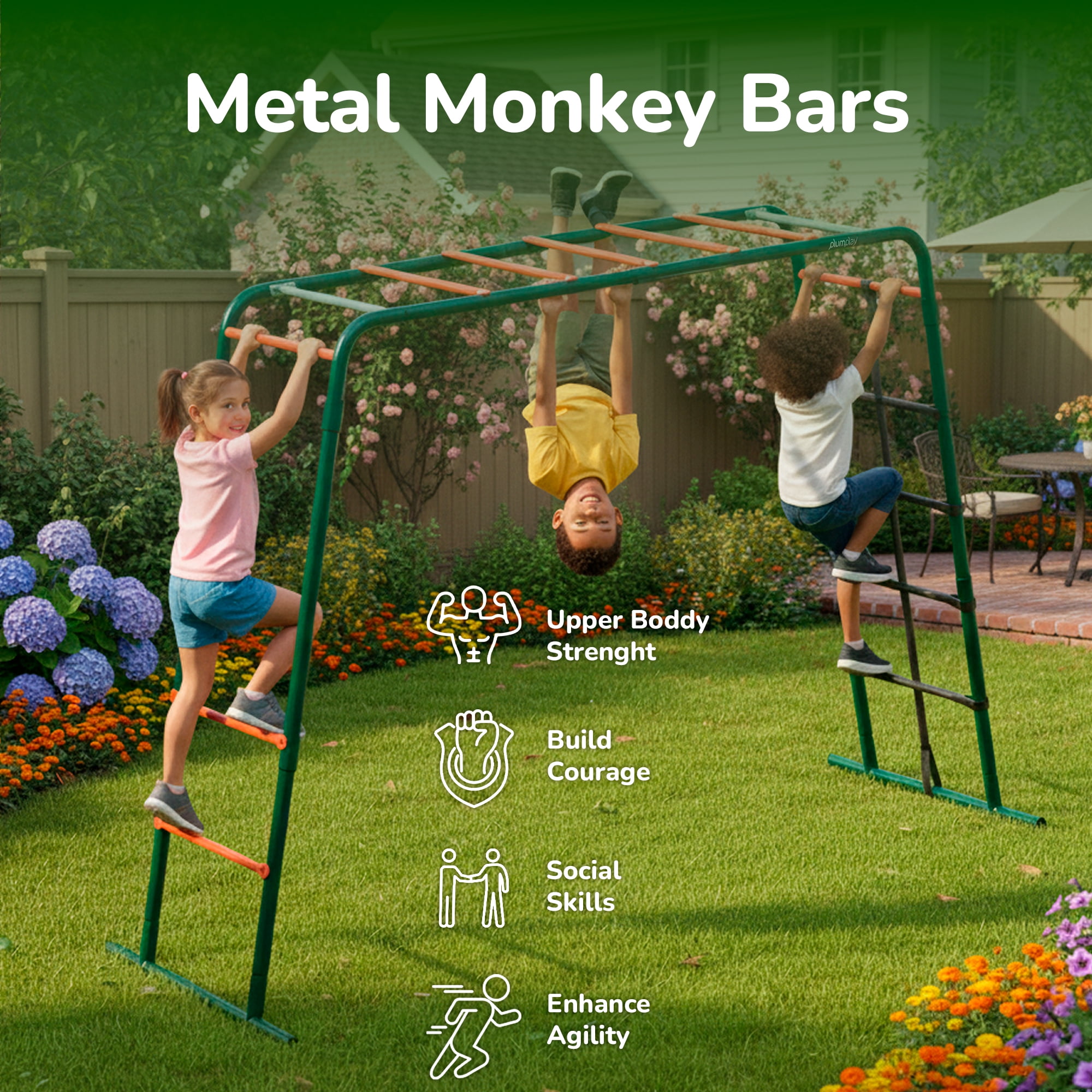 Plum Metal Monkey Bars Climbing Frame, Outdoor Playset, Jungle Gym, Rust Resistance, Easy Assembly, Sturdy, Weatherproof, Ages 3+